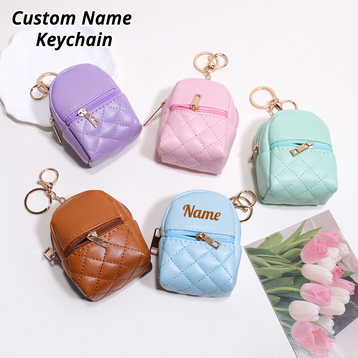 Personalized Engraved Gift - พวงกุญแจใส่เหรียญแบบกำหนดเองขนาดเล็ก กระเป๋าเก็บของแบบมีชื่อเฉพาะบุคคล สลักด้วยเลเซอร์ หนัง PU ของขวัญ